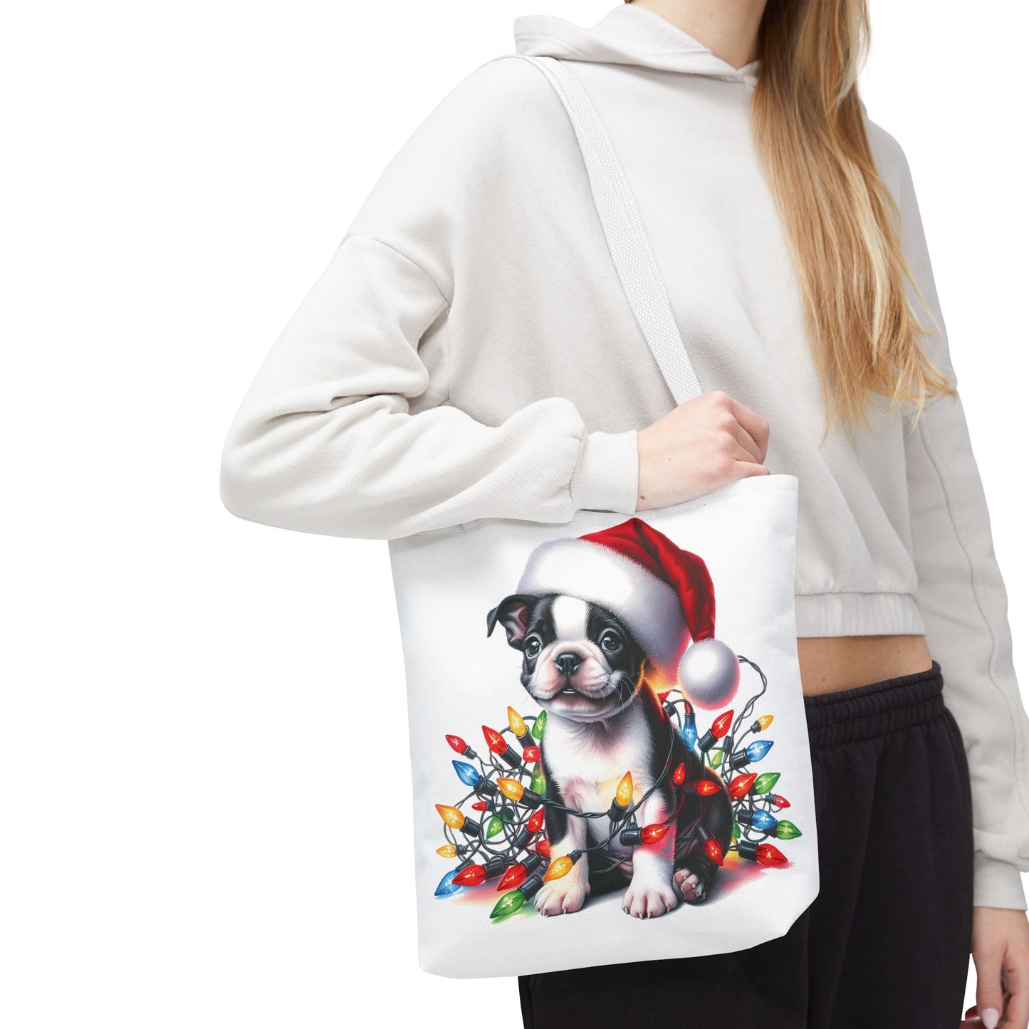 👜 Boston Terrier Christmas Lights Tote Bag – Holiday Sparkle Meets Puppy Love 🎄