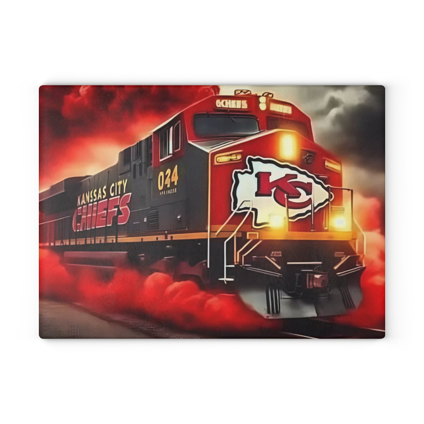 Tabla de cortar de vidrio Express roja y dorada: exhibición de cocina con un llamativo diseño de tren