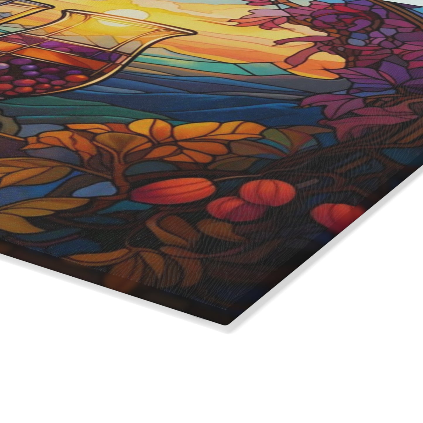 Tabla de cortar de vidrio templado con copas de vino de colores – Diseño Sunset Vineyard
