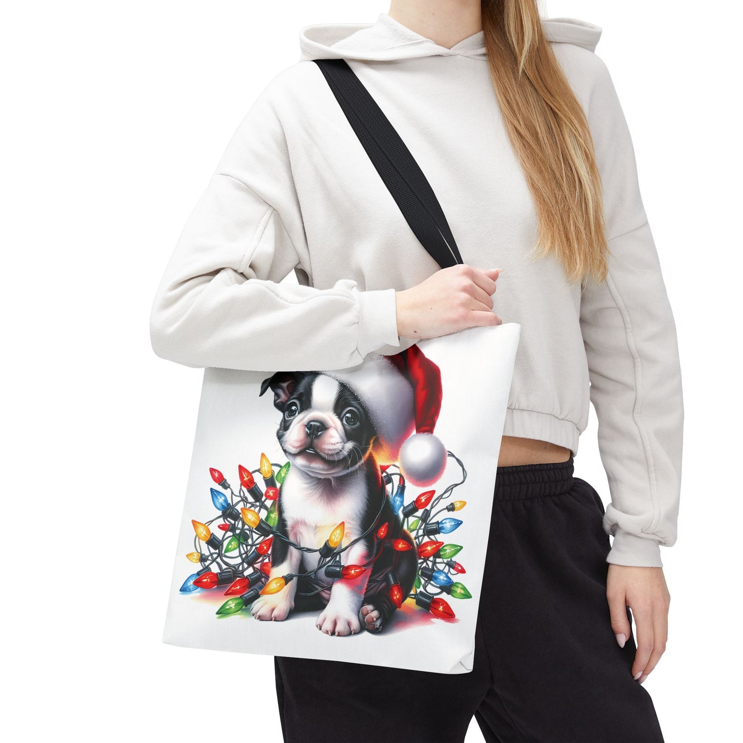 👜 Boston Terrier Christmas Lights Tote Bag – Holiday Sparkle Meets Puppy Love 🎄