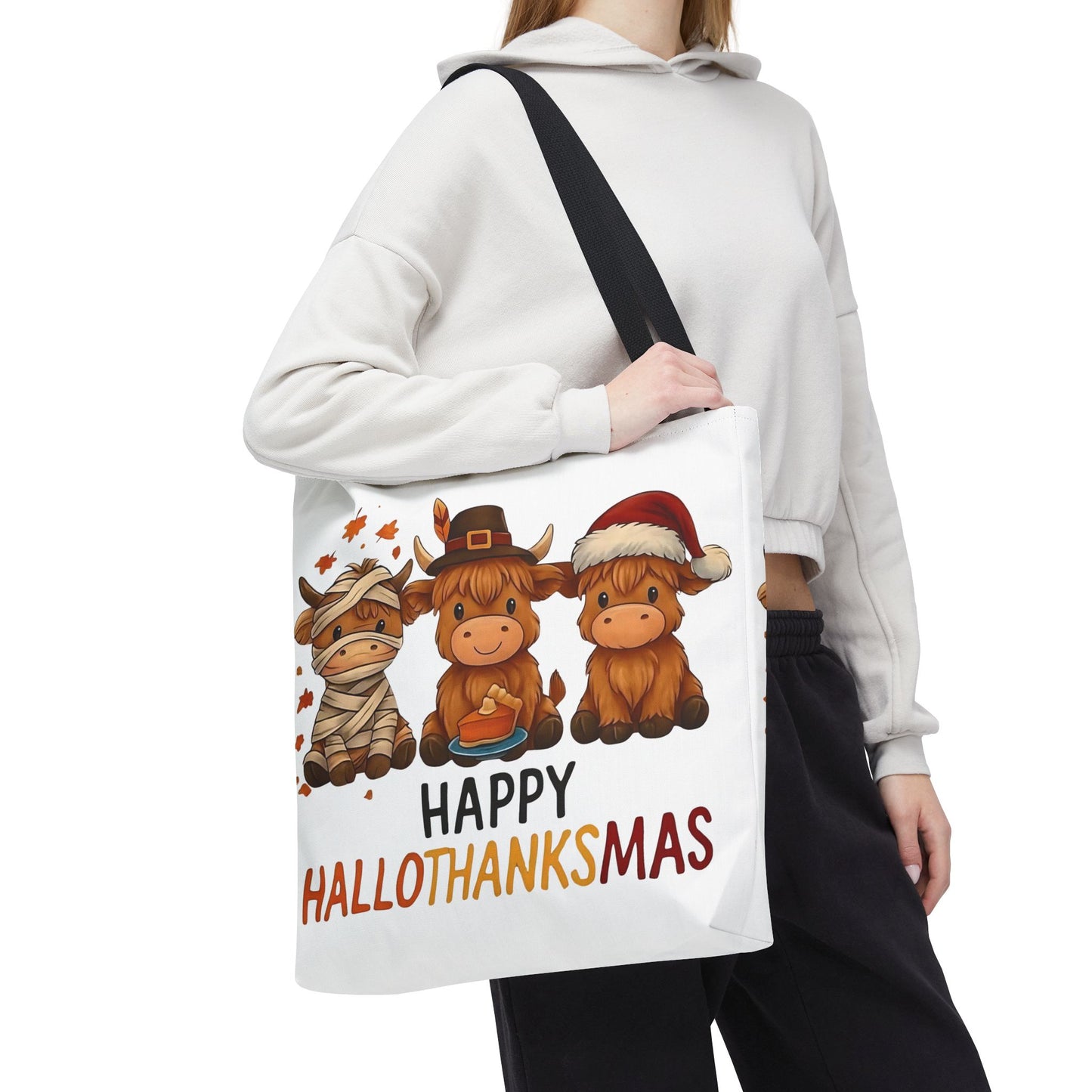 🐮 Happy Hallothanksmas Highland Cow Tote Bag – Holiday Fun All Season 🎃🦃🎄👜