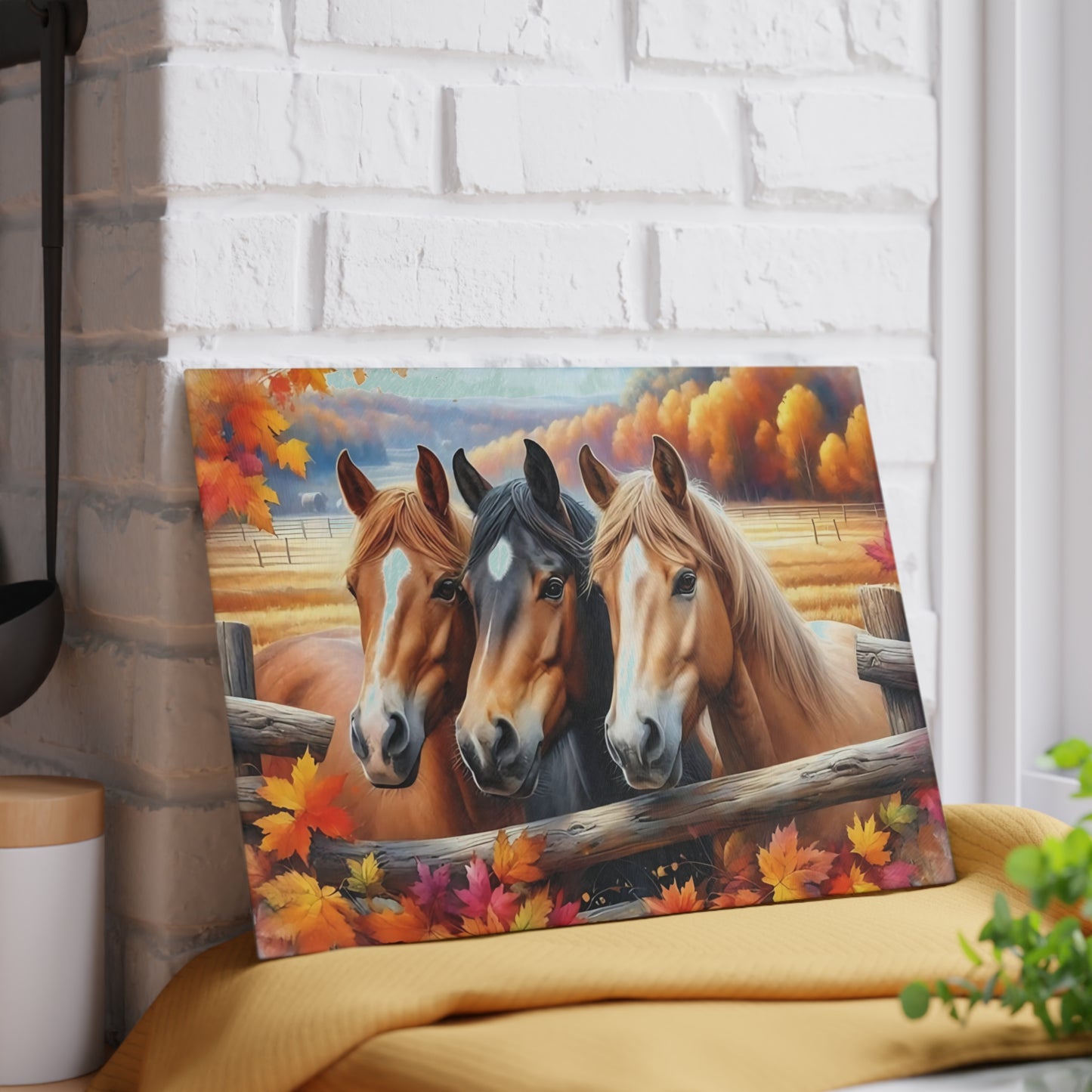 🐎🍂 Autumn Horses Glass Cutting Board – Rustic Country Charm for Your Kitchen 🍂🐎