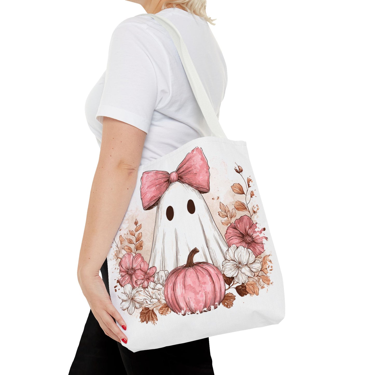 ๐ป Pink Bow Ghost Floral Halloween Tote Bag โ Spooky Cute with Fall Charm ๐๐
