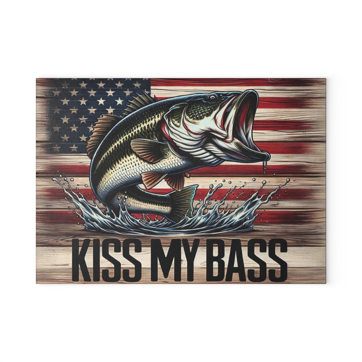 🎣Kiss My Bass Cutting Board – Patriotic Fishing Fun with Rustic American Flag 🪝🍺