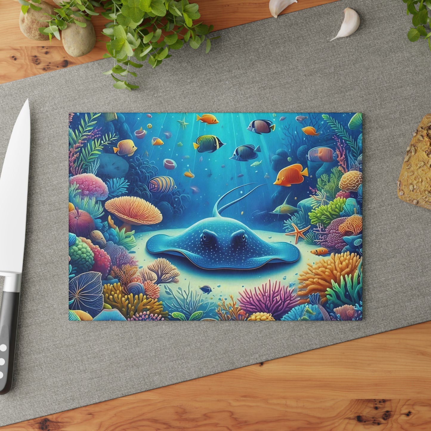 Stingray & Coral Reef Glass Cutting Board – Ocean Life Kitchen Decor with Saltwater Fish