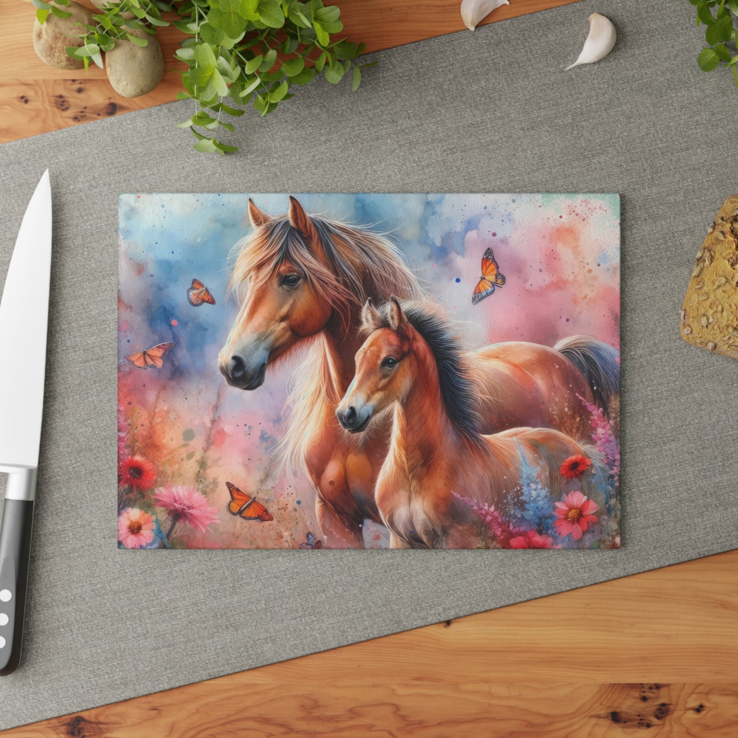 🐴🌸 Mother & Foal Floral Cutting Board – Wild Beauty Meets Heartfelt Country Charm