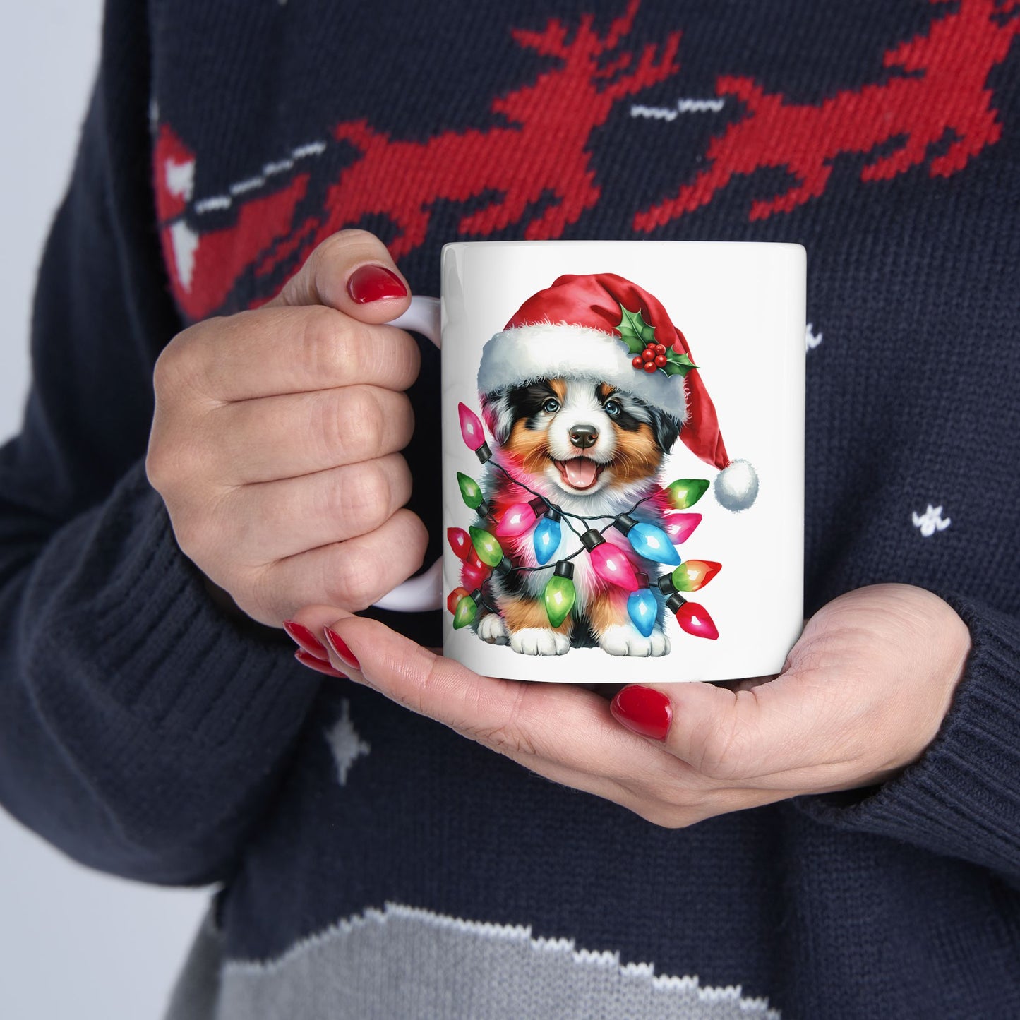 🎅 Australian Shepherd Christmas Mug – Santa Paws with Holiday Sparkle 🌟
