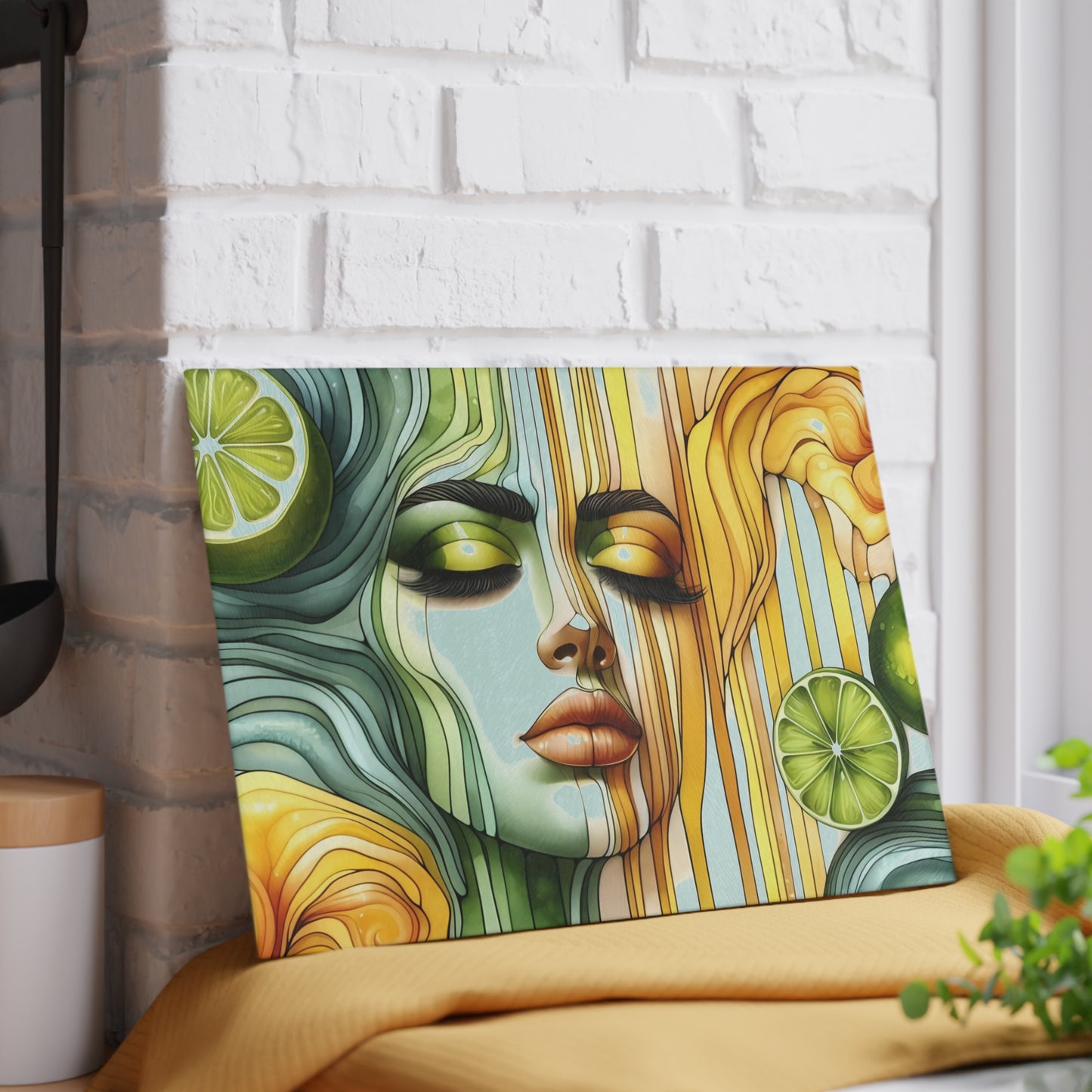 Tabla de cortar de vidrio con diseño de diosa de limón y lima: audaz, hermosa y refrescantemente única
