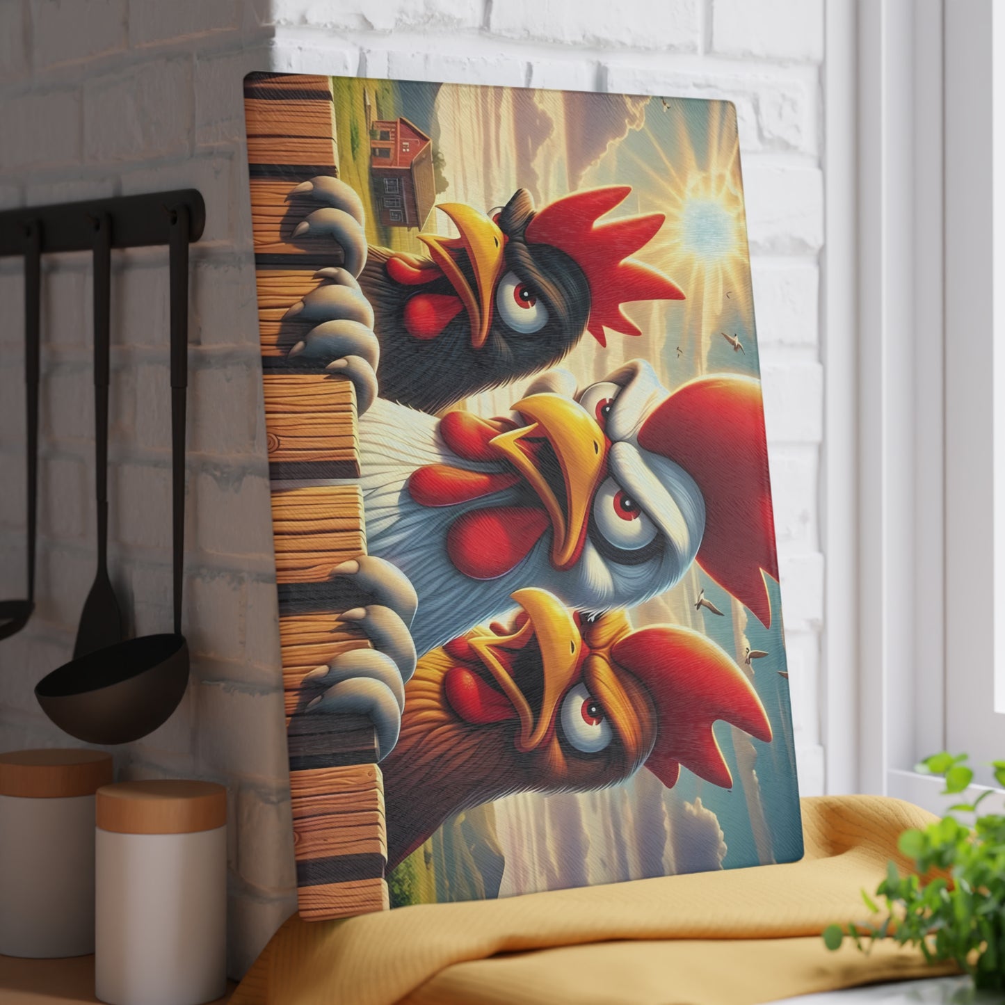 🐔 Three Angry Chickens Glass Cutting Board – Funny Farmhouse Kitchen Decor