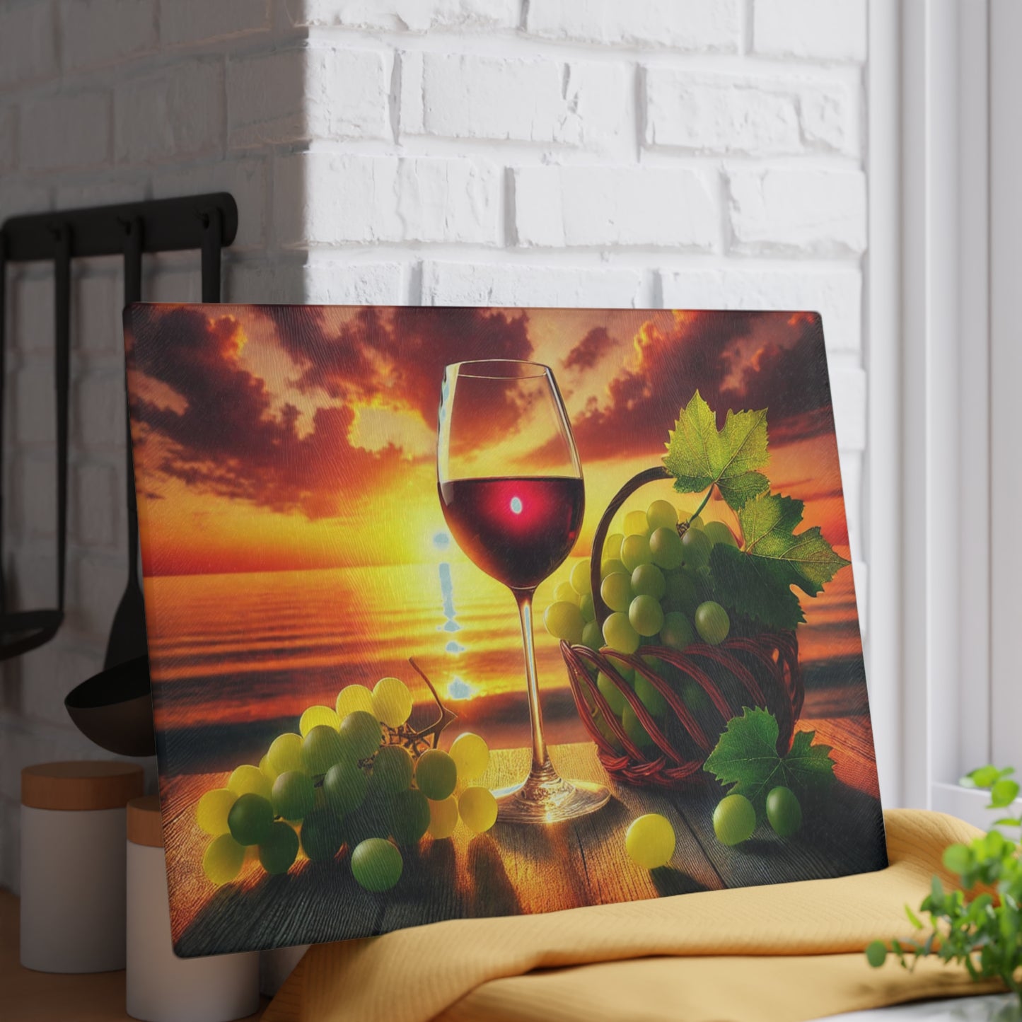 🍷🌅 Sunset Sips – Wine and Grapes Glass Cutting Board for Elegant Kitchen Vibes 🍇