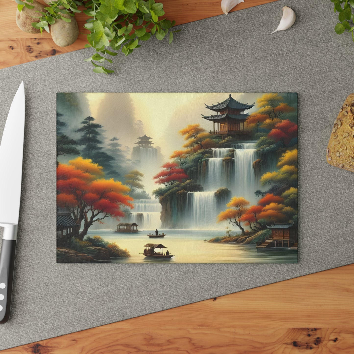 🍂🏯 Golden Serenity Waterfall Cutting Board – Peaceful Pagoda Landscape Art 🏯🍂