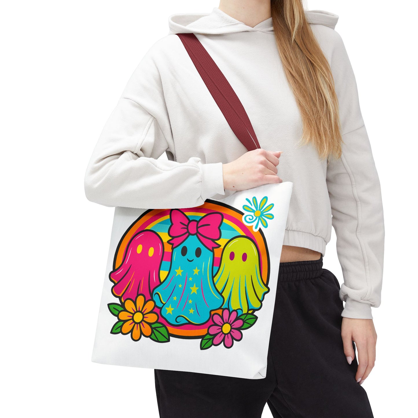 ๐ Retro Rainbow Ghosts Tote Bag โ Groovy Spooky Fun ๐ป๐