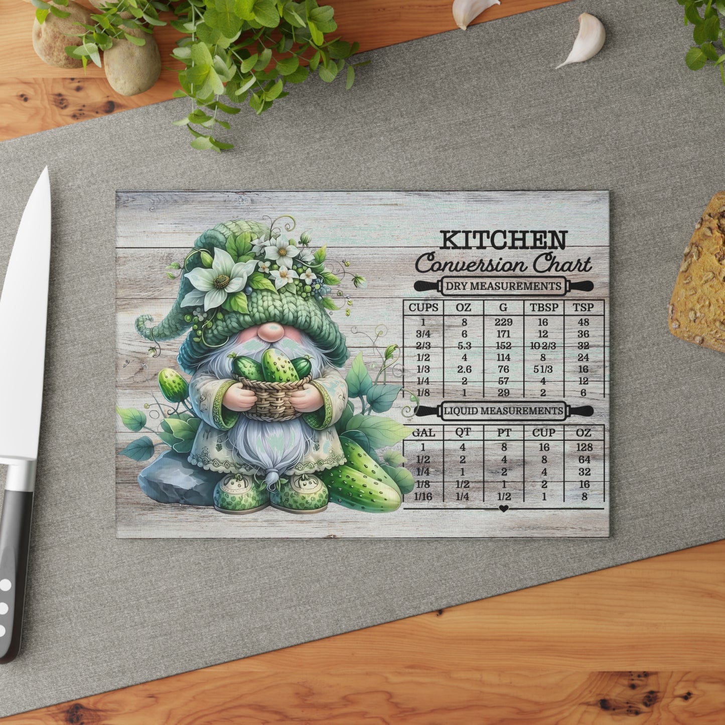 🥒🌿 Pickle Gnome Kitchen Conversion Cutting Board – Whimsical Farmhouse Fun with Rustic Charm 🧑🍳✨