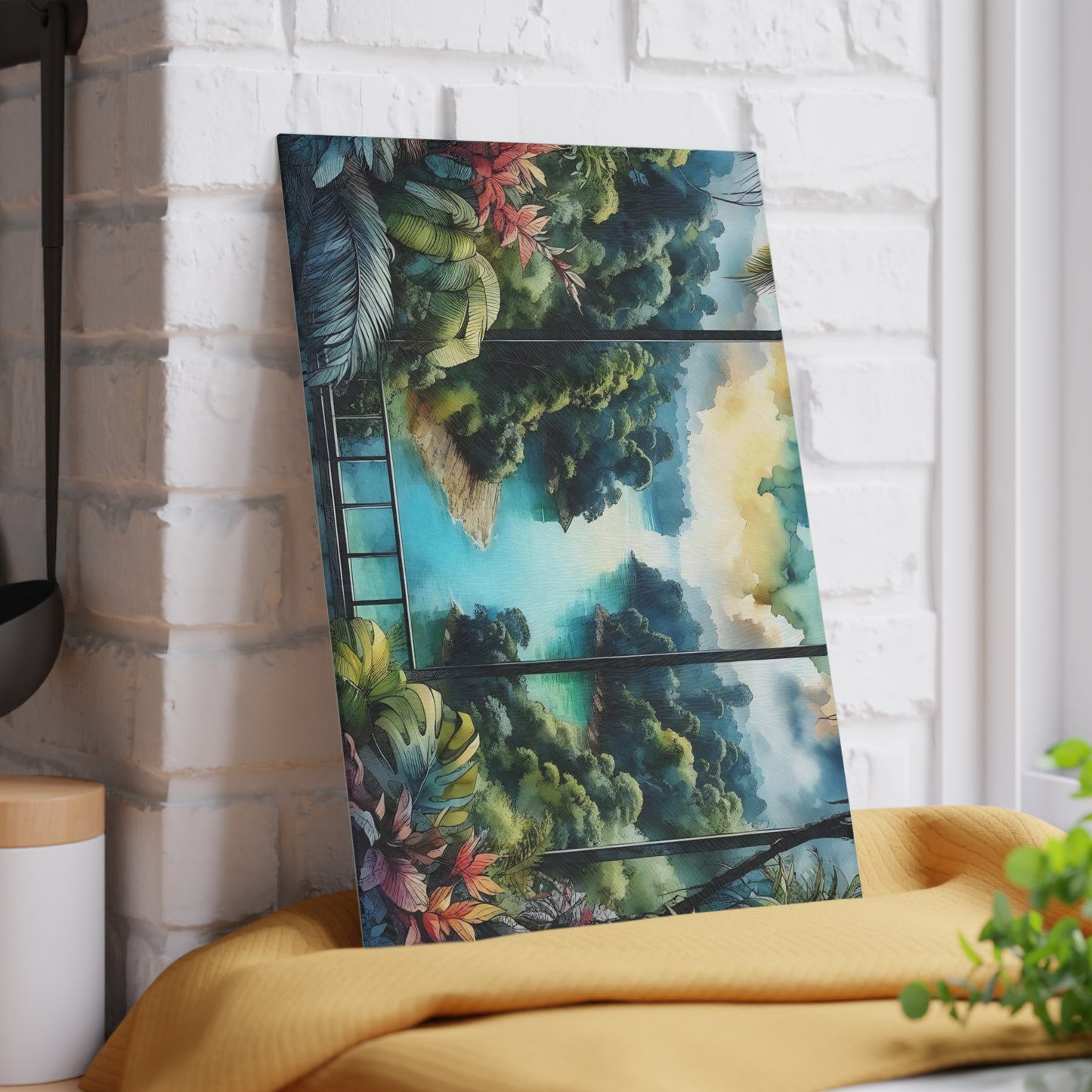 Tabla de cortar de vidrio templado con vista tropical: Escápate al paraíso