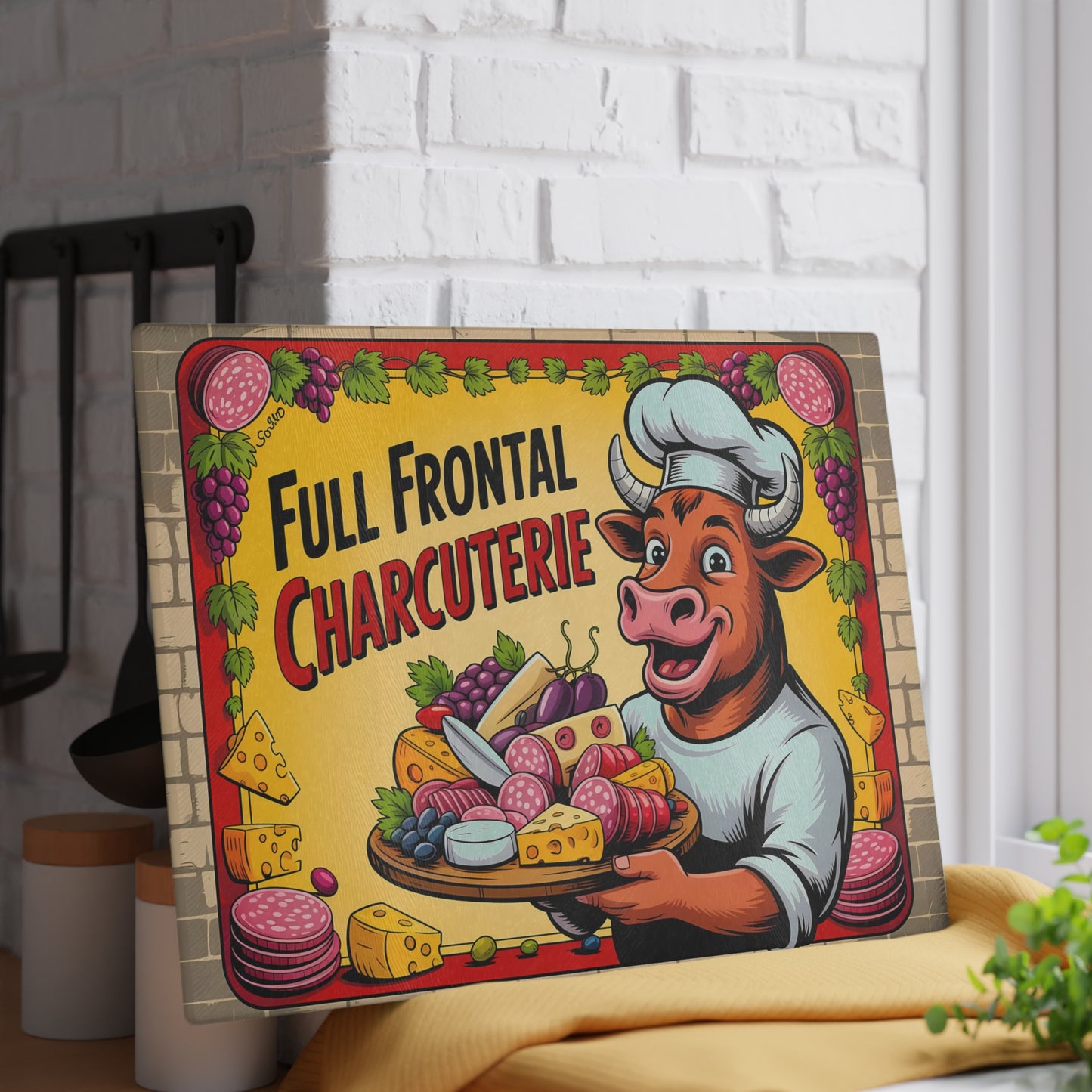 Tabla de cortar charcutería frontal completa: divertida decoración de cocina de Bull Chef para amantes de la carne y el queso