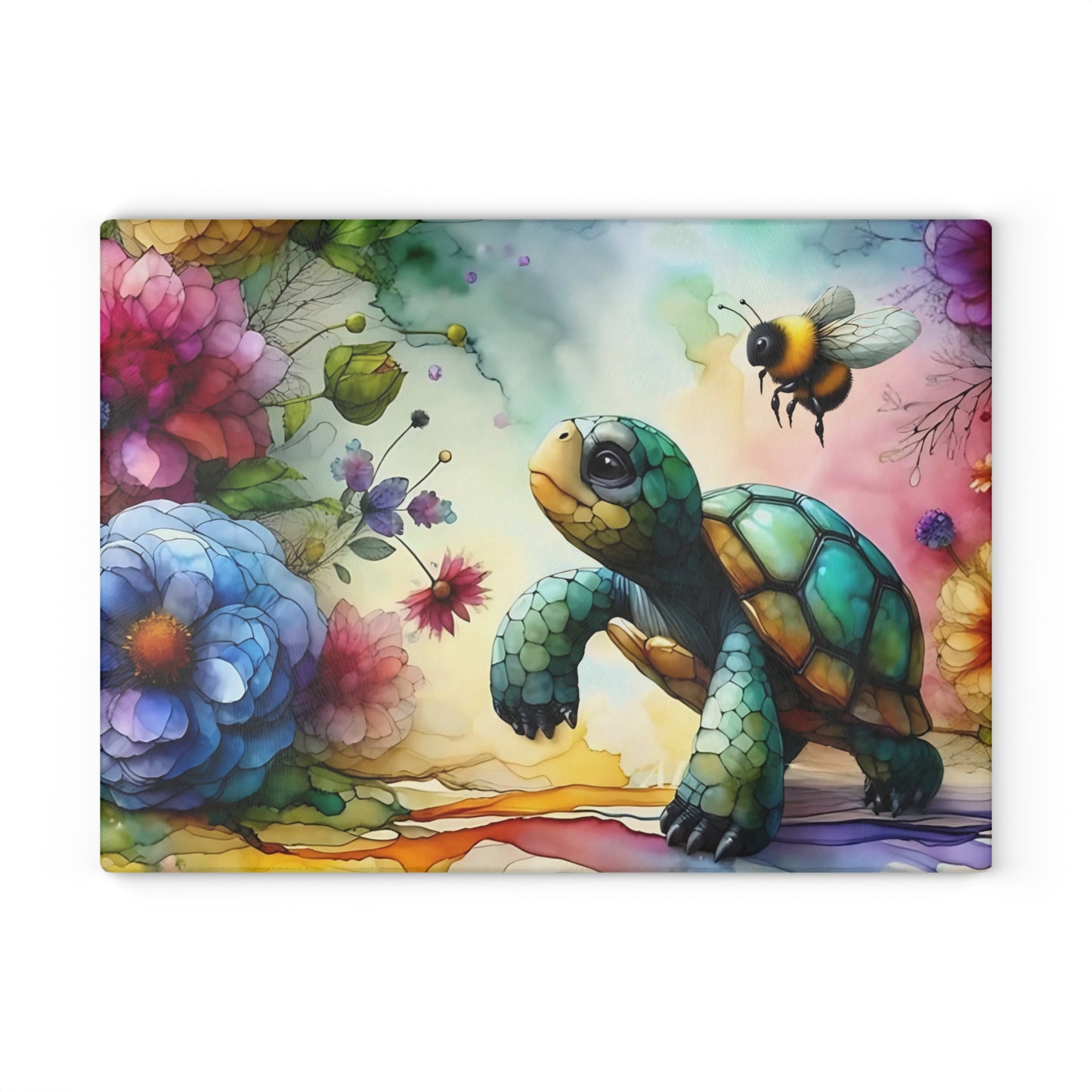Tortoise & Bee Glass Cutting Board – Floral Wildlife Kitchen Decor