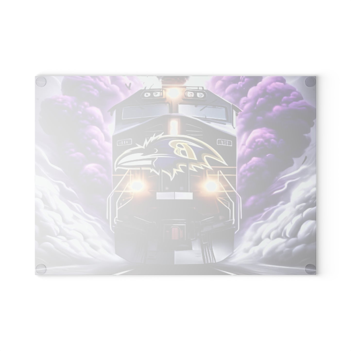 Tabla de cortar de vidrio Express morado y negro: un arte de tren feroz para cocinas elegantes y audaces