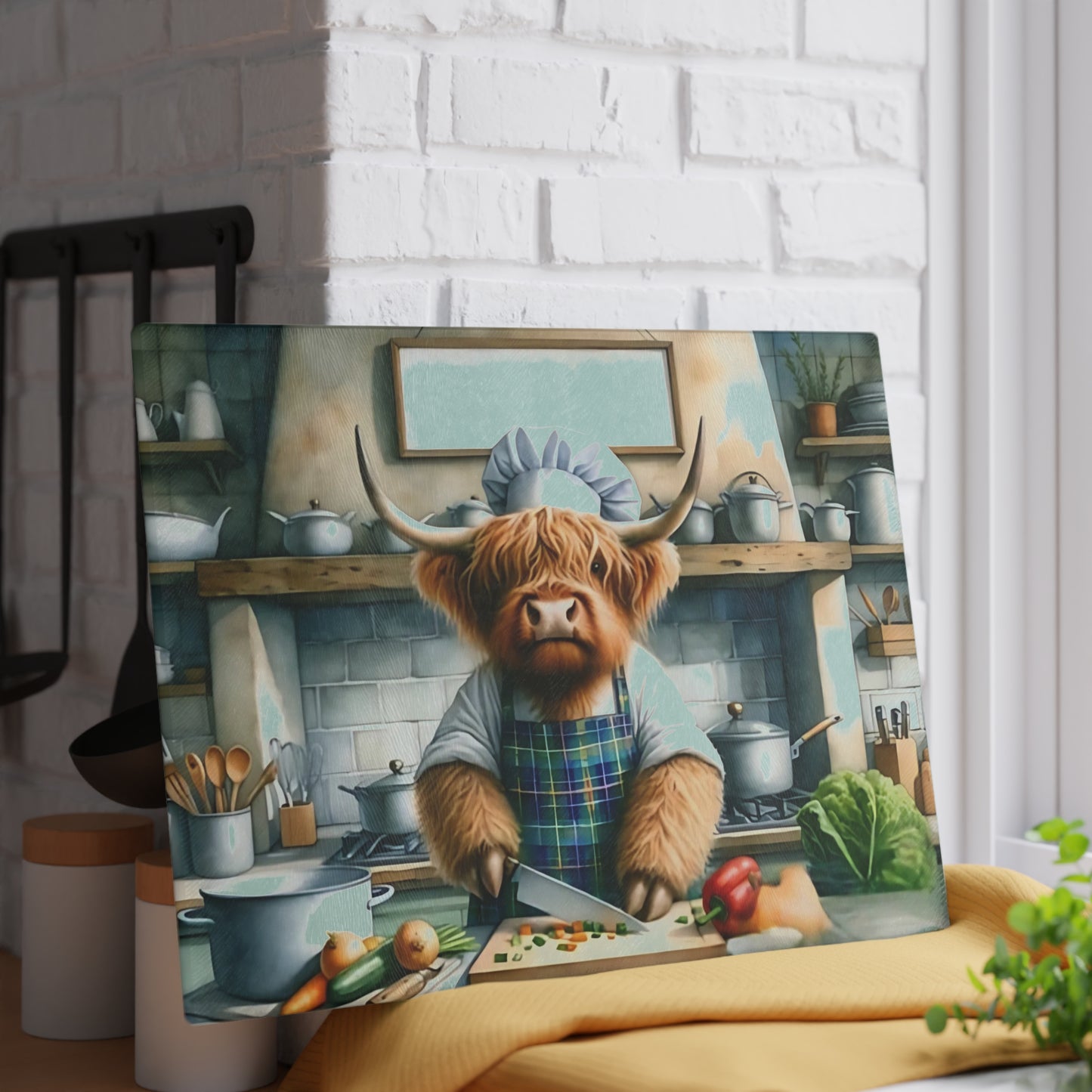 Tabla de cortar de vidrio Highland Cow Chef: decoración divertida para cocinas de estilo rústico