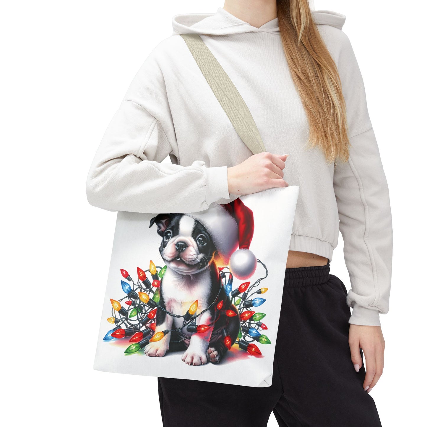 👜 Boston Terrier Christmas Lights Tote Bag – Holiday Sparkle Meets Puppy Love 🎄