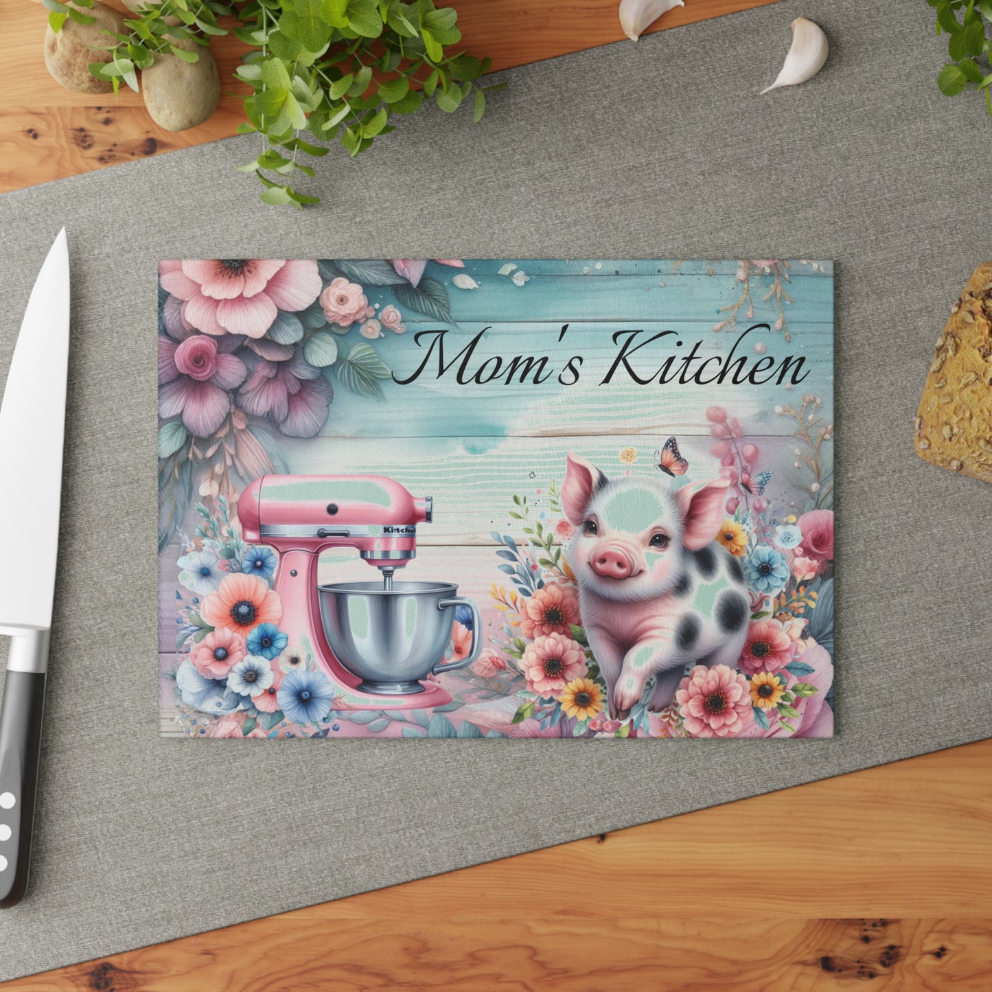 Tabla de cortar de cerdo, tabla de cortar personalizada, decoración con nombre personalizado, cocina de mamá, decoración de granja, tabla de cortar de vidrio, regalo para amantes de los cerdos,