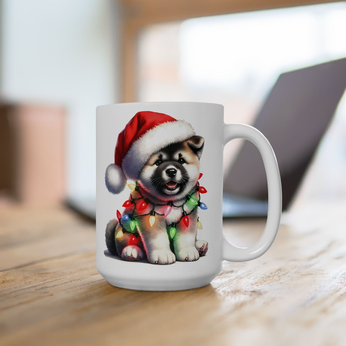 🎅 Akita Christmas Mug – Festive Puppy with Santa Hat & Holiday Lights 🎄