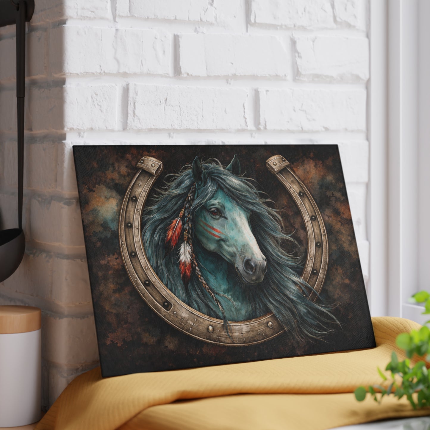 Spirit Horse Horseshoe Glass Cutting Board – Western Equine Art with Rustic Strength