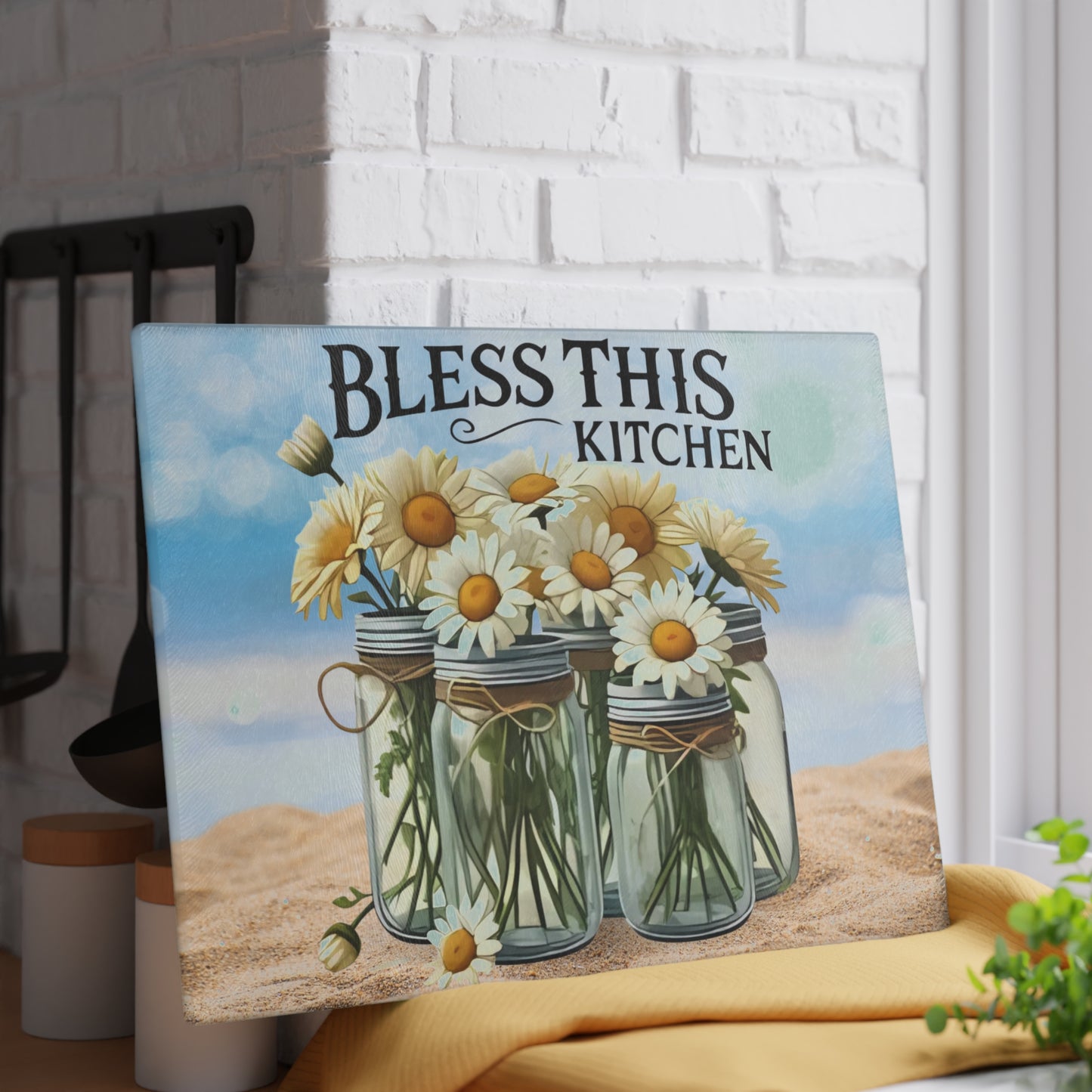 Tabla de cortar de vidrio, Bendice esta cocina, decoración de playa, cocina costera, cocina de granja, tabla de charcutería, tabla de cortar personalizada, flores