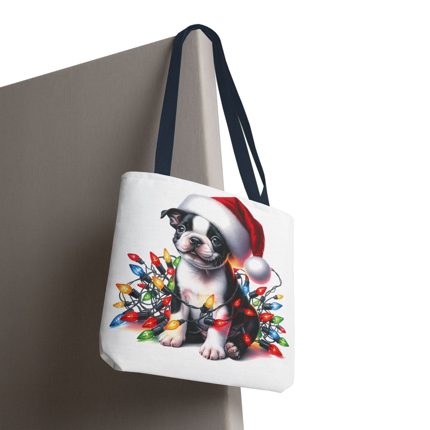👜 Boston Terrier Christmas Lights Tote Bag – Holiday Sparkle Meets Puppy Love 🎄