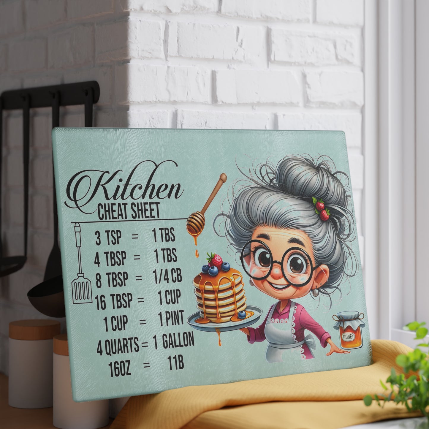 Tabla de cortar con trucos para la cocina: adorable abuela y práctica tabla de conversión de cocina