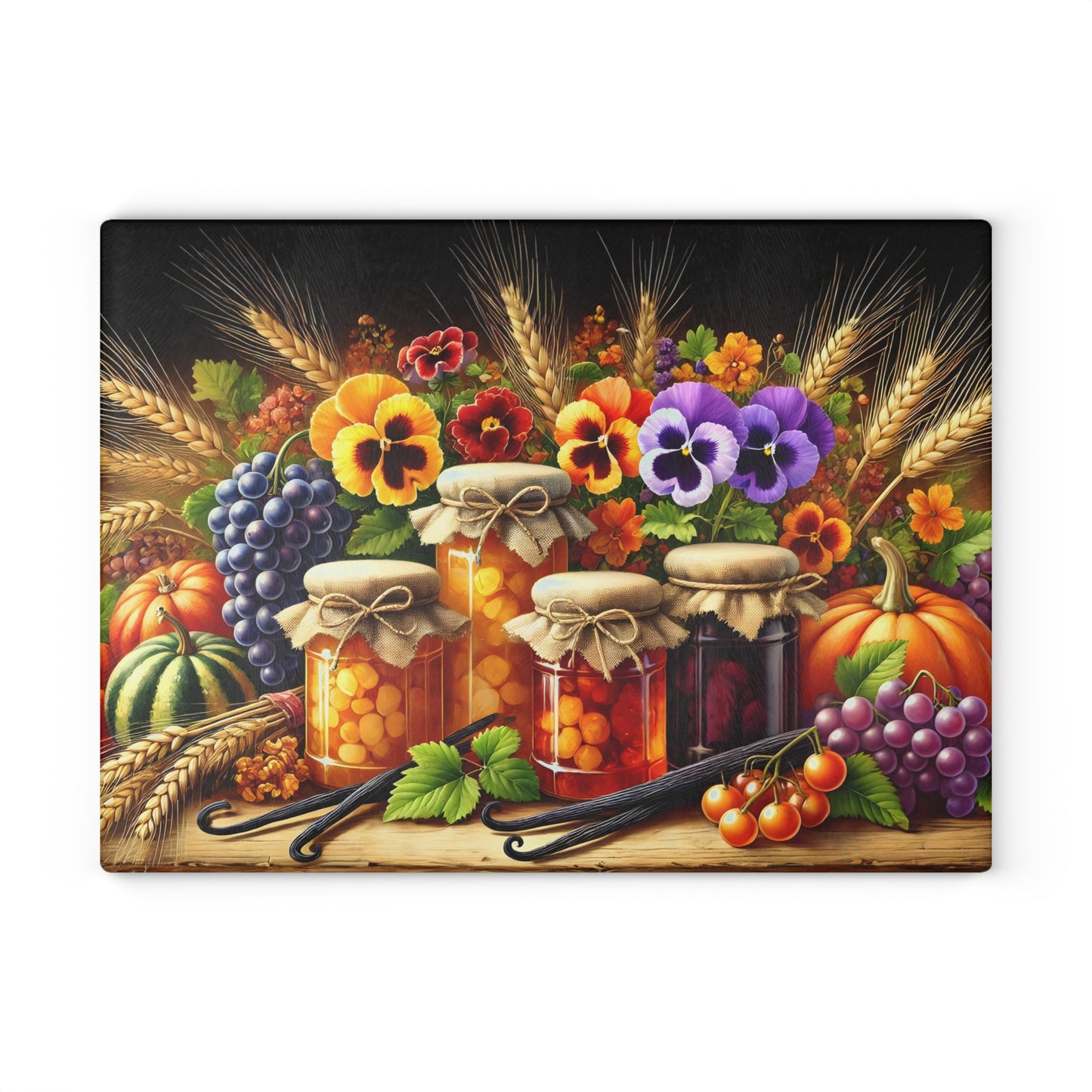 Tabla de cortar para la despensa de la cosecha otoñal: encanto rústico con delicias florales y frutales