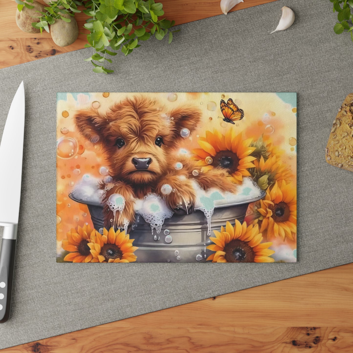 🐮🌻 Highland Calf Bubble Bath Cutting Board – Farmhouse Fun with a Sunny Twist