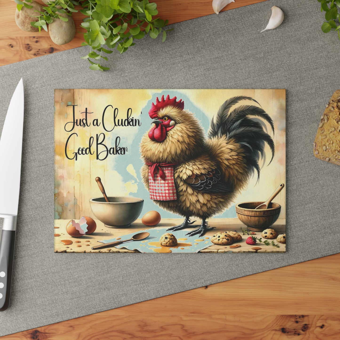 🐔🍪 “Just a Cluckin’ Good Baker” Glass Cutting Board – Cozy Laughs for Your Kitchen