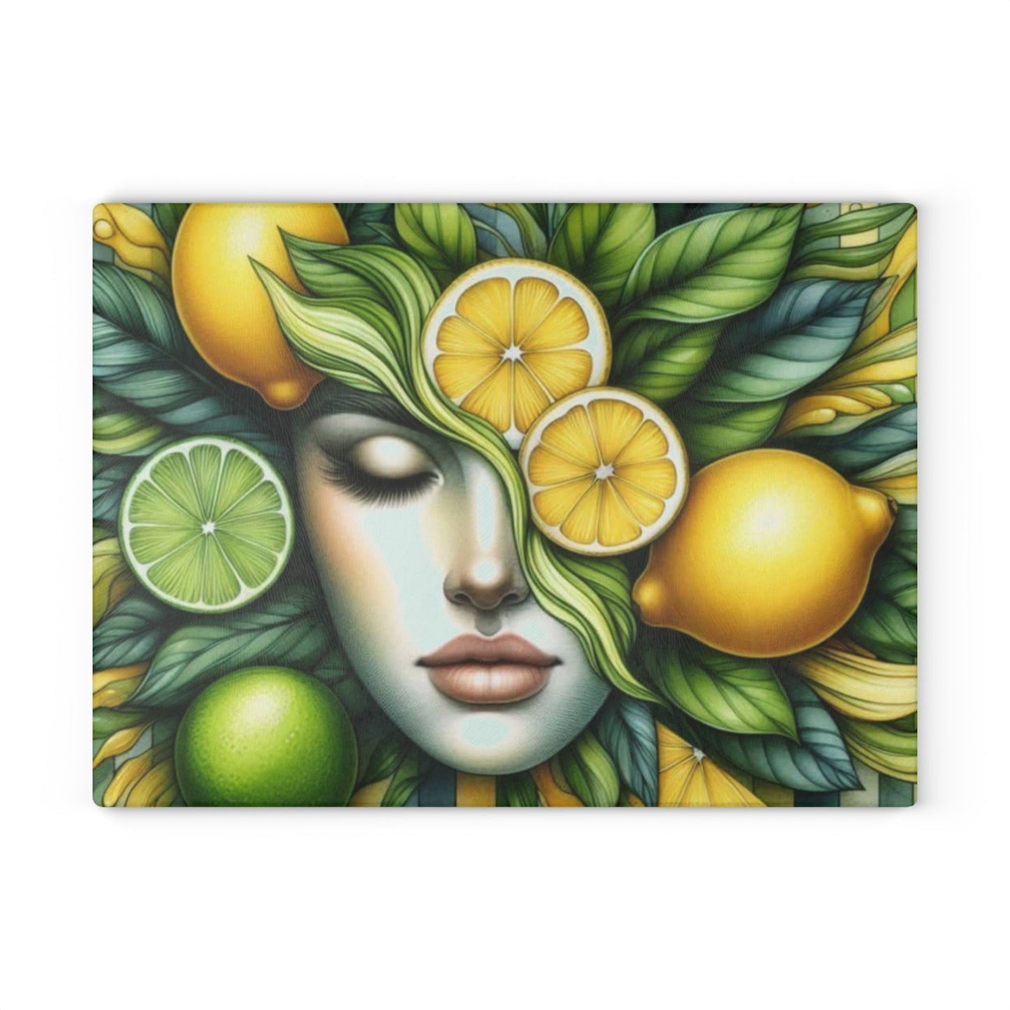Tabla de cortar de vidrio con diseño de diosa de limón y lima: audaz, hermosa y refrescantemente única