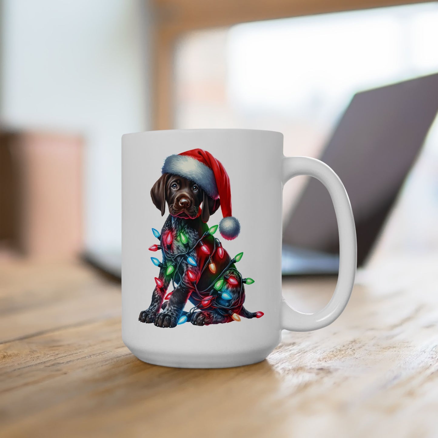 🎄 German Shorthair Pointer Christmas Mug – Holiday Cheer Wrapped in Lights 🎄