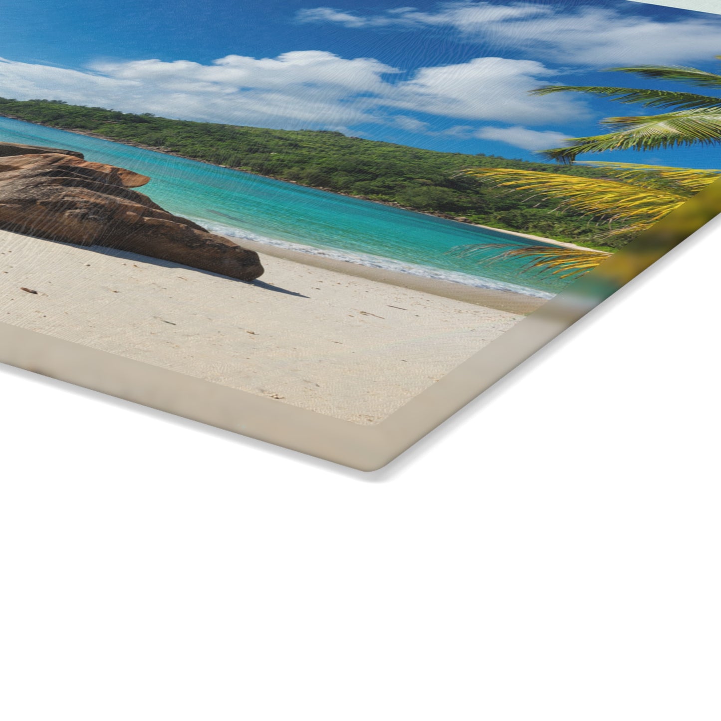 Tabla de cortar de vidrio con diseño de playa y palmeras – Decoración de cocina costera