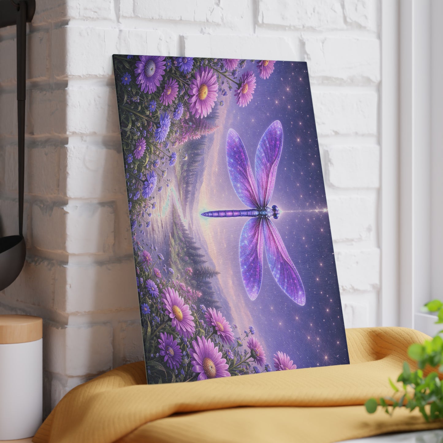 Celestial Dragonfly Glass Cutting Board – Purple Fantasy Floral Night Sky Kitchen Display