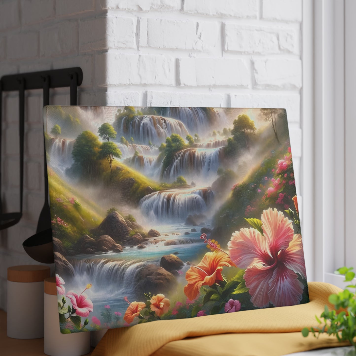 Tabla de cortar de vidrio Cascading Dreams: un paisaje floral encantado para amantes de la naturaleza