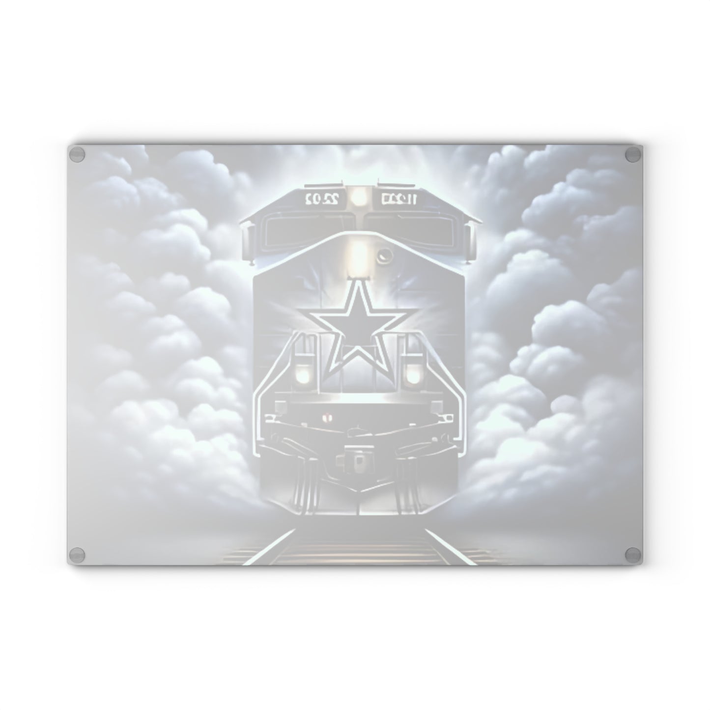 Tabla de cortar de vidrio Express azul y plateado: elegante detalle de cocina con diseño de tren