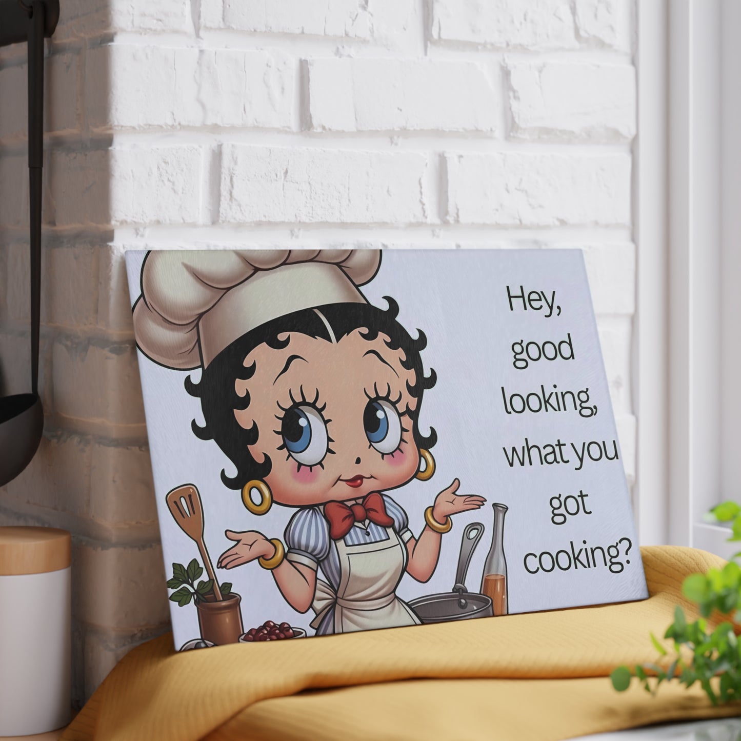 👩🍳 Retro Chef Girl Glass Cutting Board – “Hey Good Looking, What You Got Cooking?”