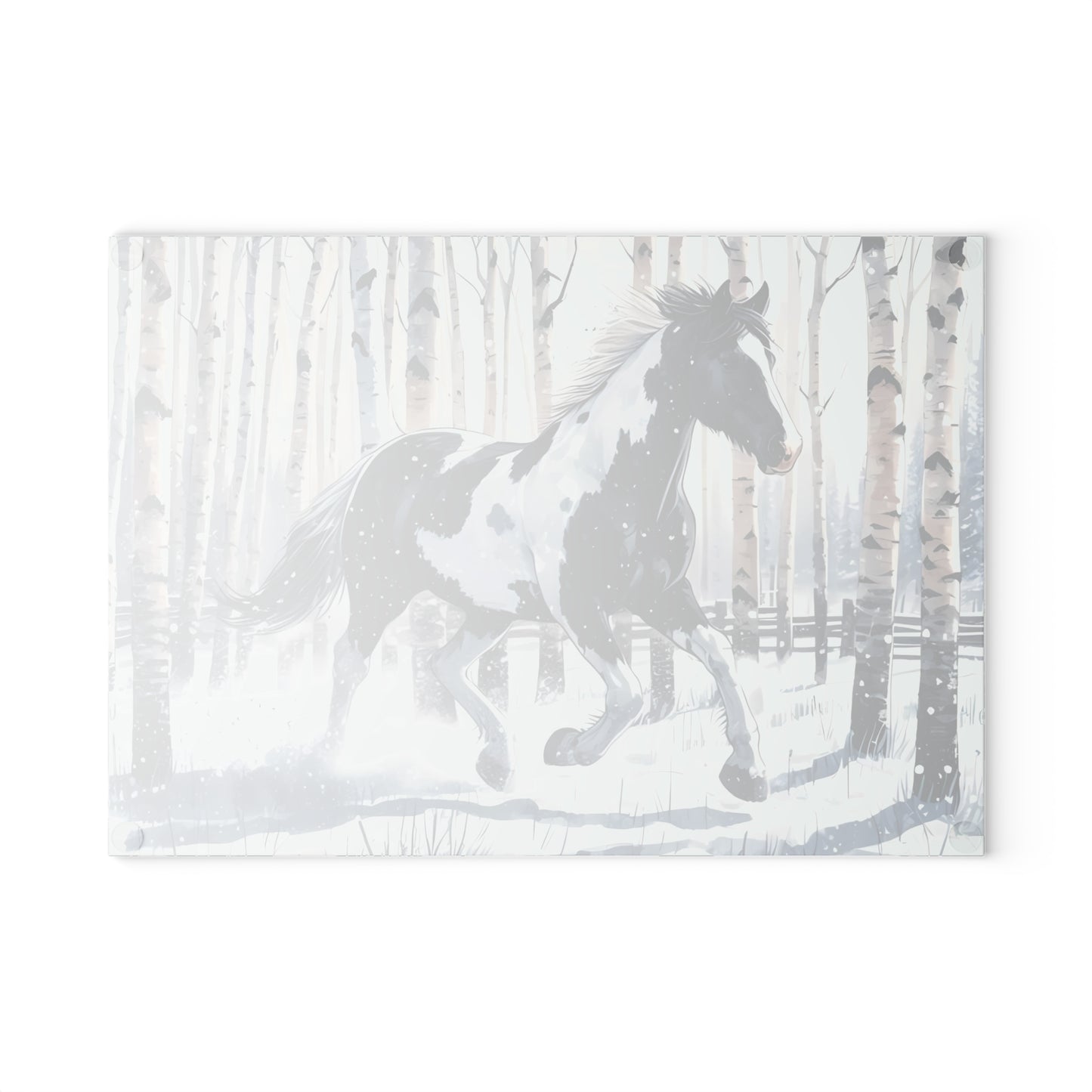 ❄️ Snowy Gallop Cutting Board – Majestic Horse in Birch Forest Winter Scene