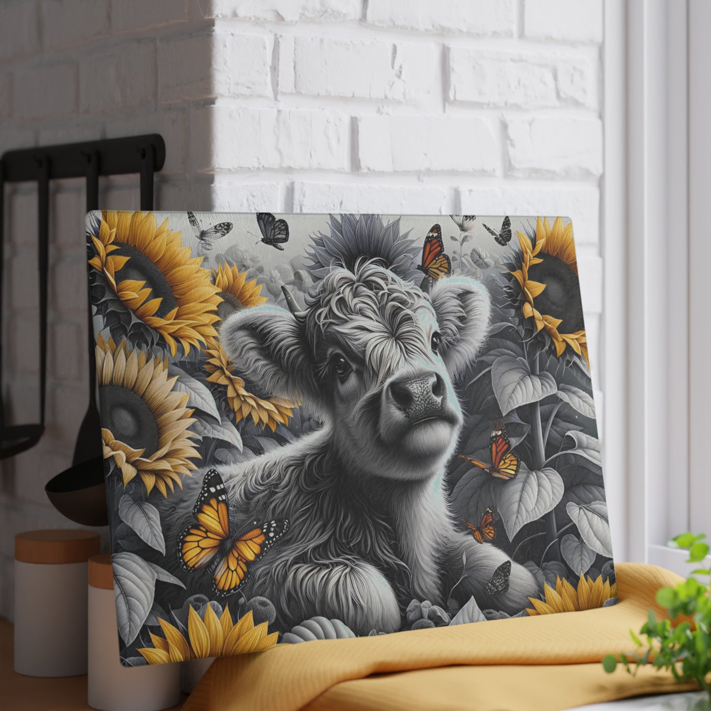 🐮 Black & White Calf with Sunflowers & Butterflies Cutting Board – Rustic Farmhouse Beauty in Glass