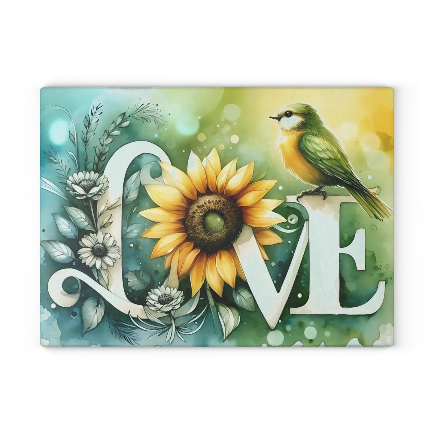 Tabla de cortar, diseño de amor con pájaros y girasoles, decoración de cocina, bandeja de vidrio para servir, regalo de inauguración de la casa, utensilio de cocina
