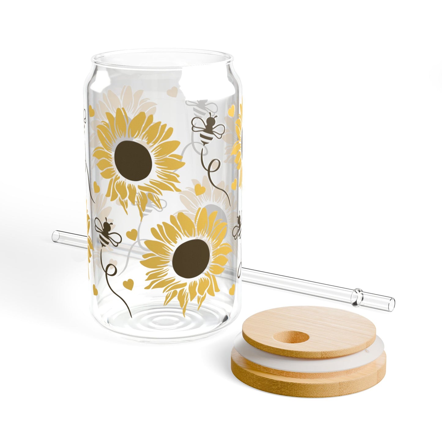 🌻 Sunflower & Bees Sipper Glass – Brighten Your Day with Every Sip 🐝