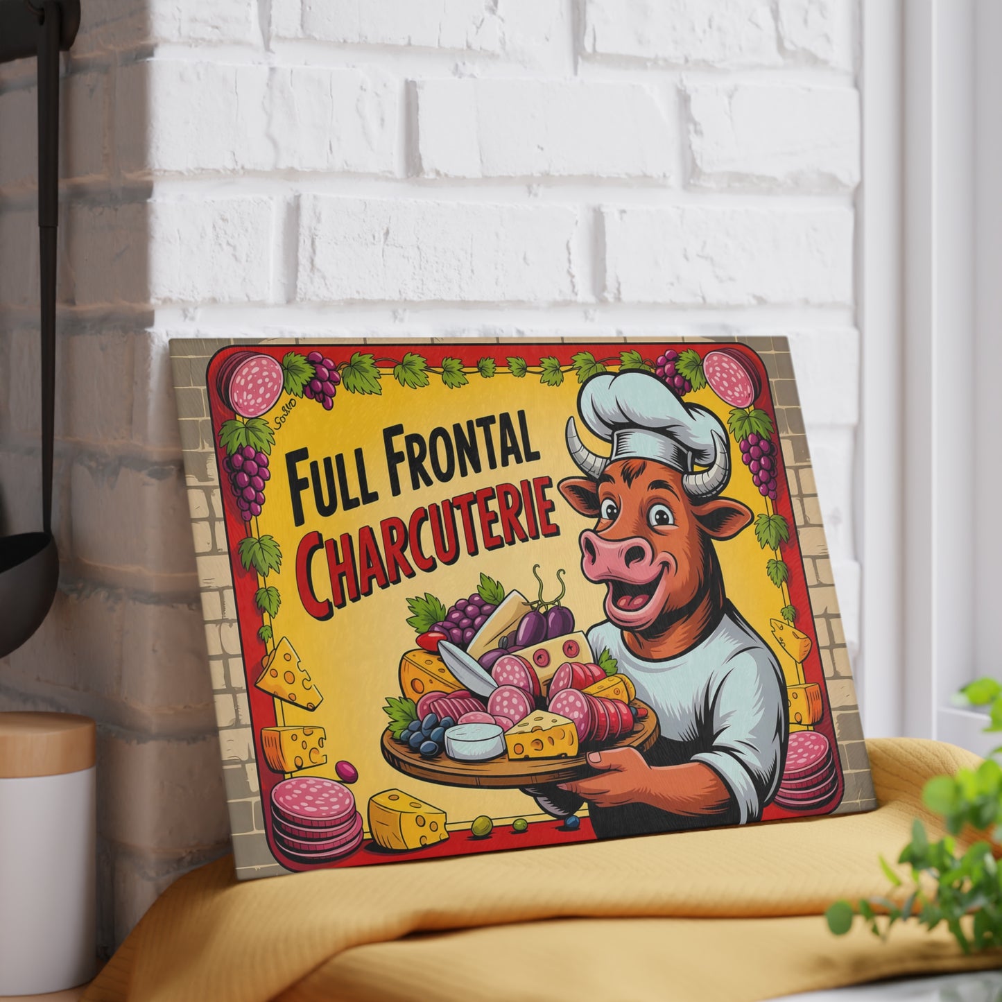 Tabla de cortar charcutería frontal completa: divertida decoración de cocina de Bull Chef para amantes de la carne y el queso