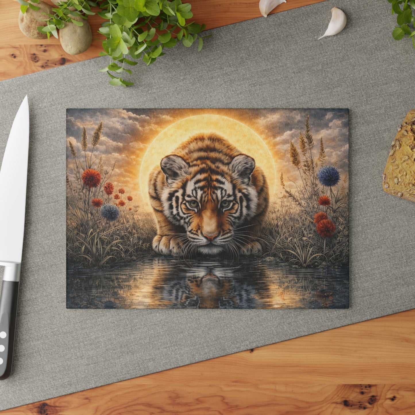 Tiger at Golden Sunset Glass Cutting Board – Majestic Wildlife Reflection Artwork