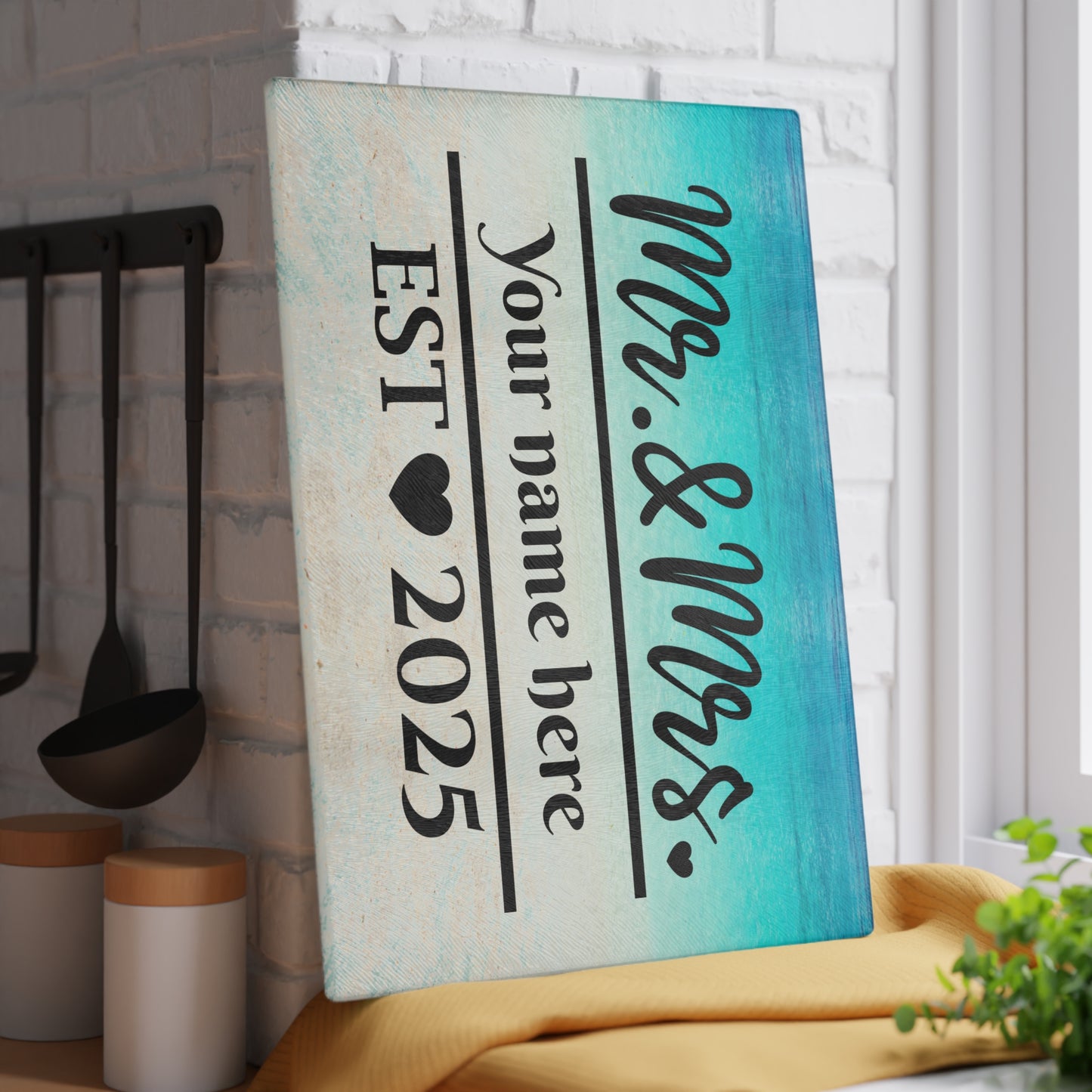 Tabla de cortar turquesa "Sr. y Sra." - Regalo de boda personalizado con nombre y año