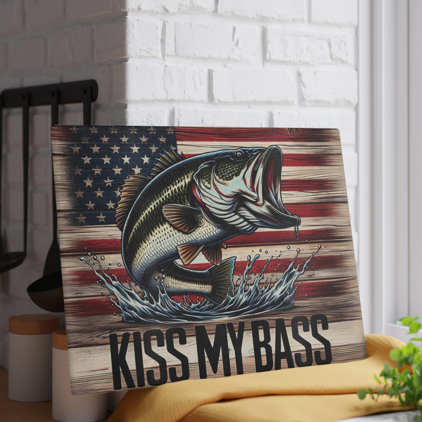 🎣Kiss My Bass Cutting Board – Patriotic Fishing Fun with Rustic American Flag 🪝🍺