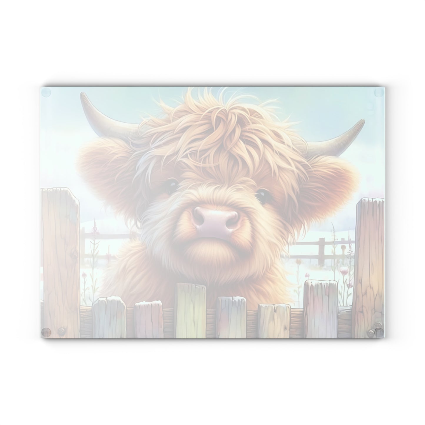 🐄 Highland Cow Looking Over a Wooden Fence Glass Cutting Board 🪵