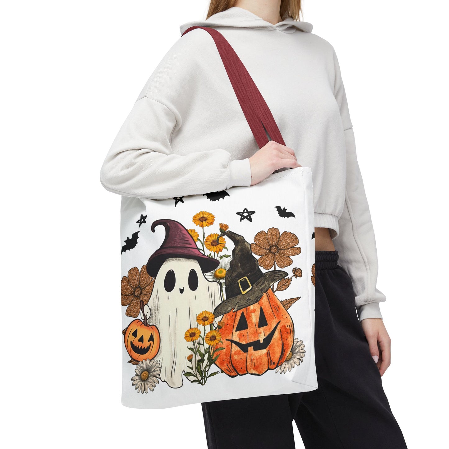 🎃 Ghost & Pumpkin Floral Tote Bag – Whimsical Halloween Charm 👻👜