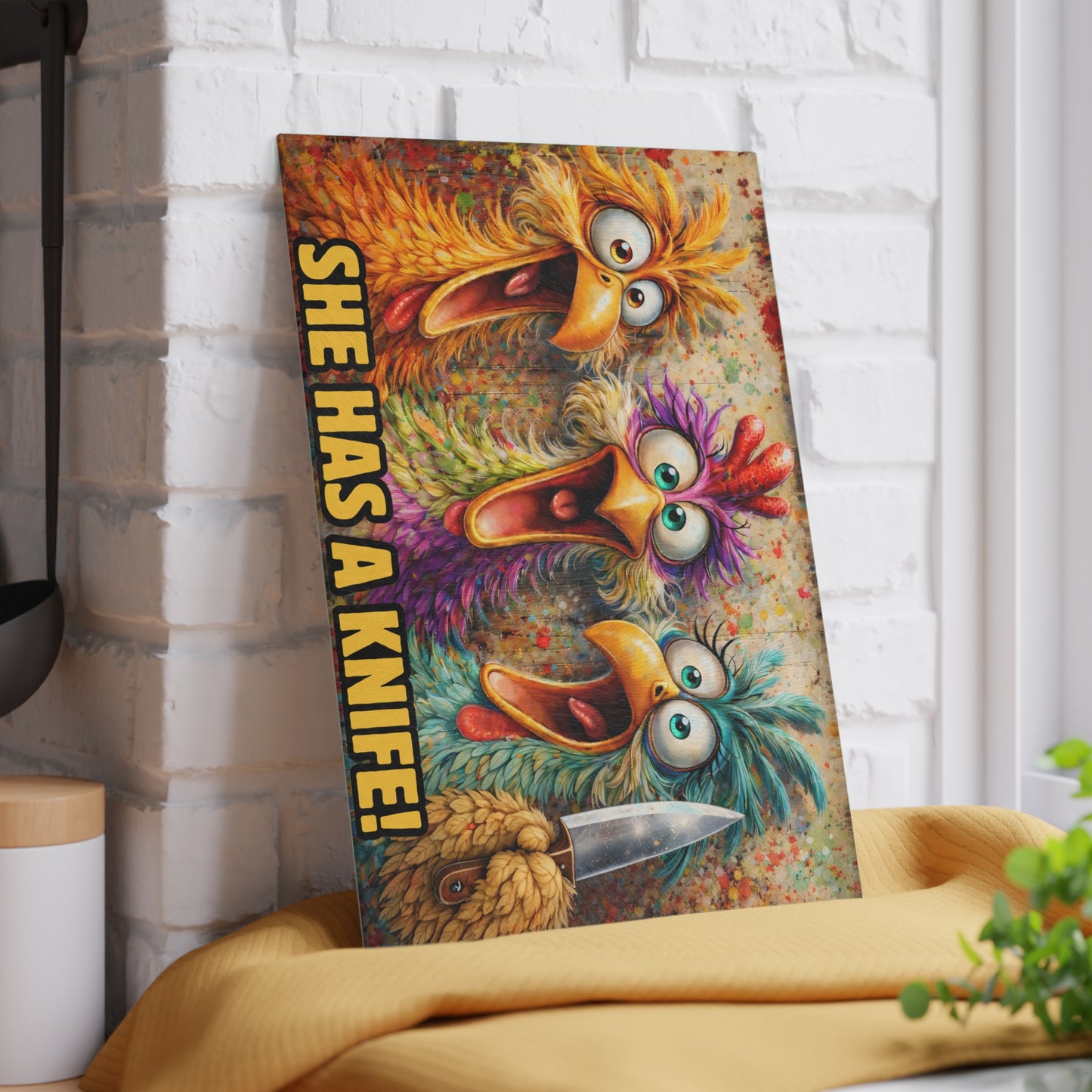 She Has a Knife! Funny Chicken Glass Cutting Board – Bold Farmhouse Kitchen Humor